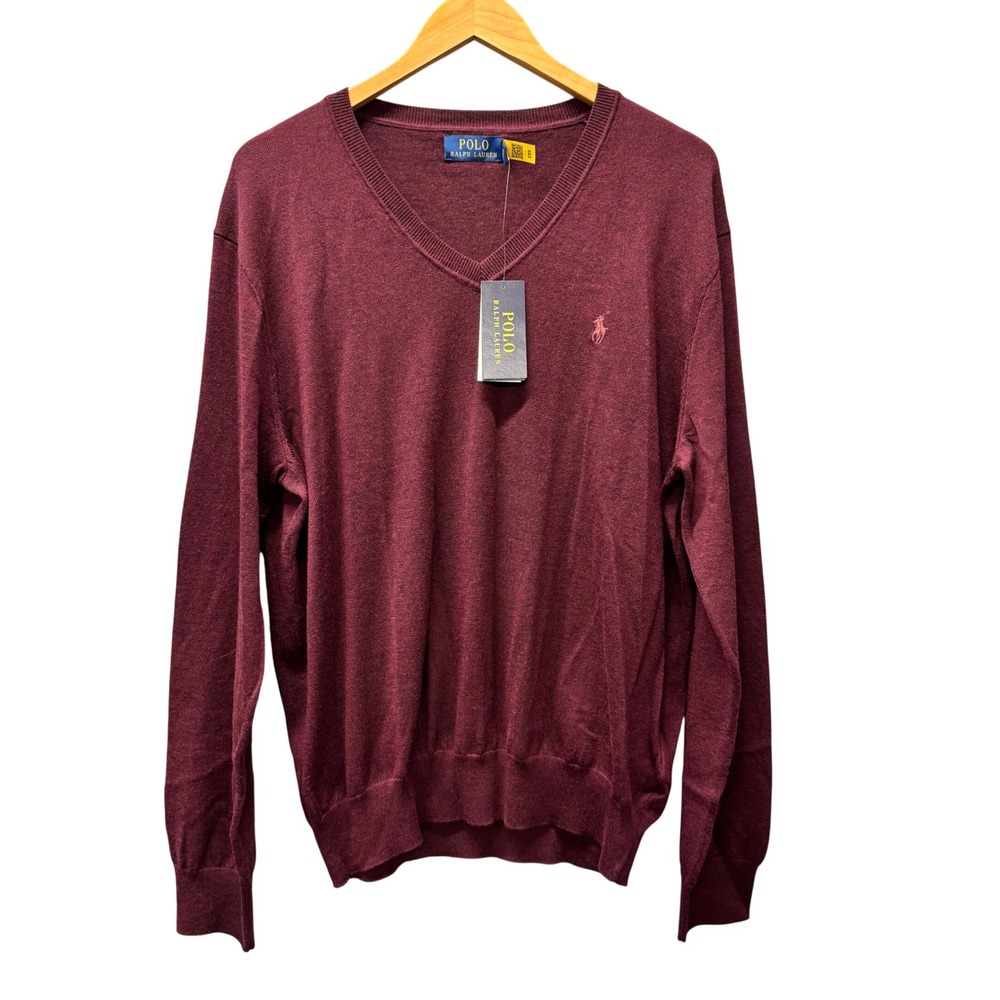 Polo Ralph Lauren Sweater Mens Large Wool V-Neck Classic Wine Pullover NEW